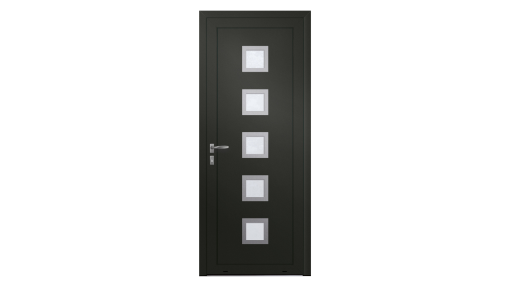 Porte d'entrée PVC parclosé DANUBE Porte d'entrée foncée avec 5 inserts carrés au centre et placés horizontalement